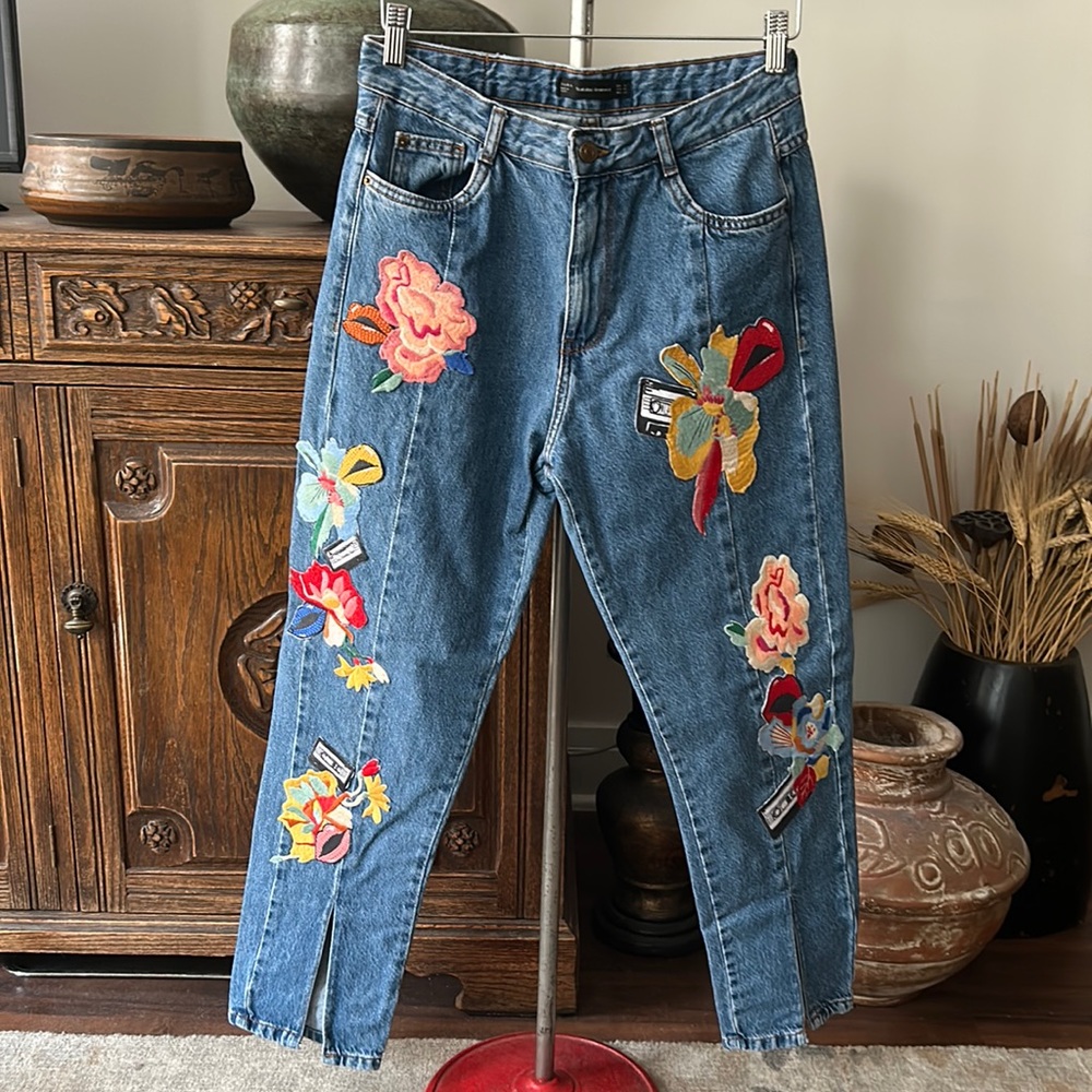 Zara Split Ankle Patchwork Embroidered Jeans - image 1